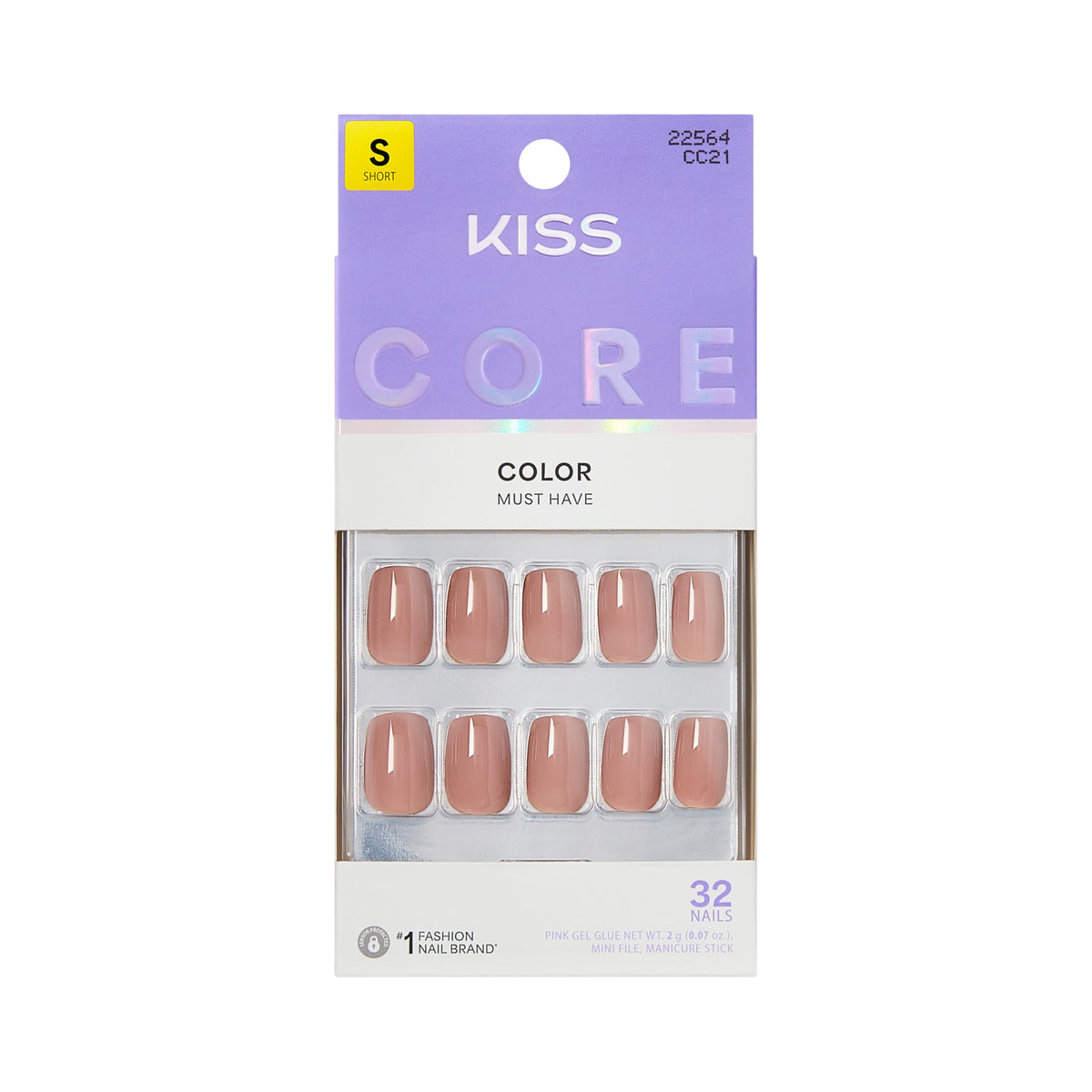 Kiss Core, Press On Nails, Nail glue included, 'Photogenic', Black, Short Size, Squoval Shape, Includes 32 Nails, 2g Glue, 1 Manicure Stick, 1 Mini File
