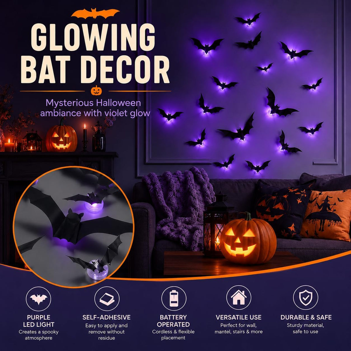 Spooky Glow 3D LED Bat Wall Decor, Hanging Bat for Halloween Decoration, 12