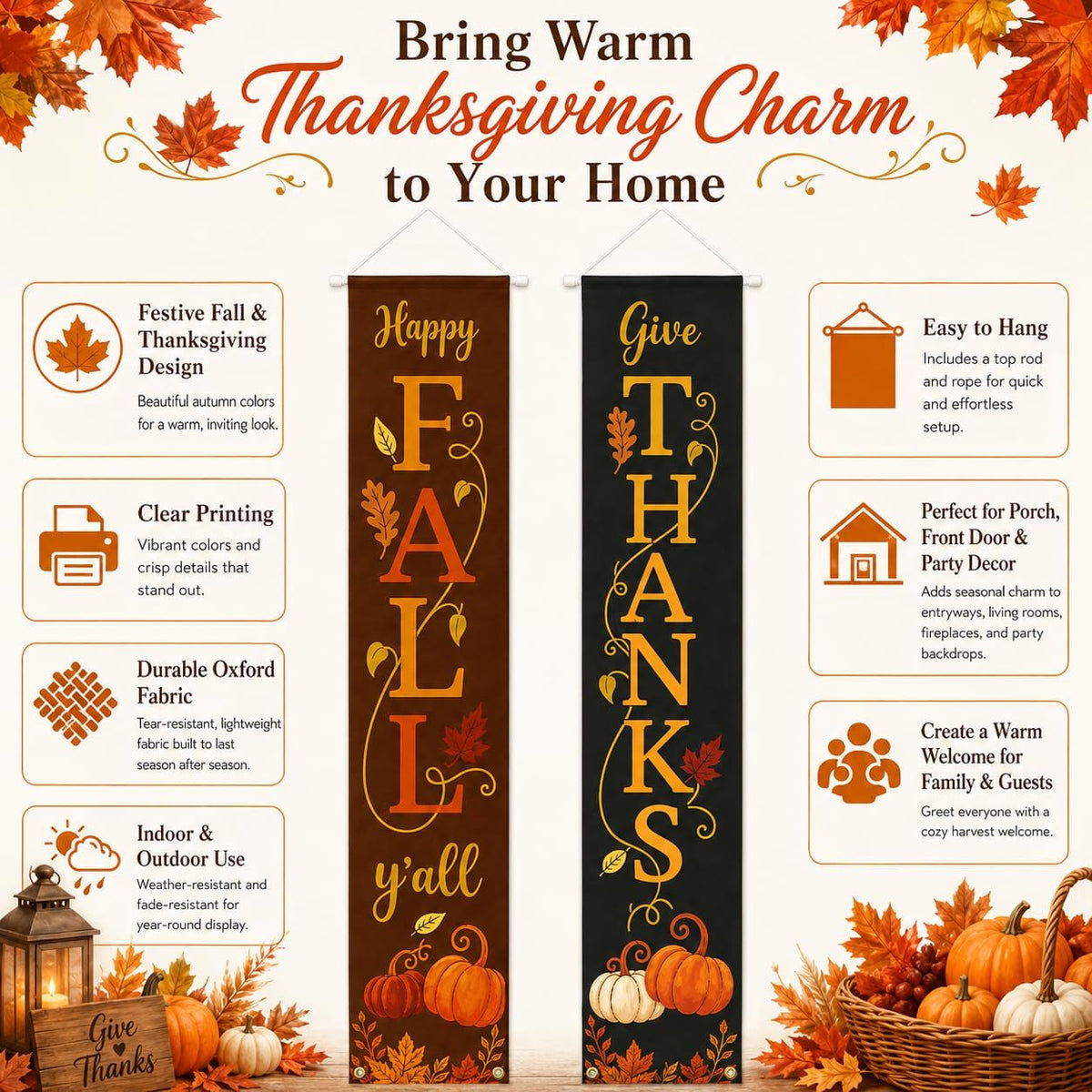 Happy Fall Y'all Give Thanks Rustic Porch Banner Farmhouse Decor