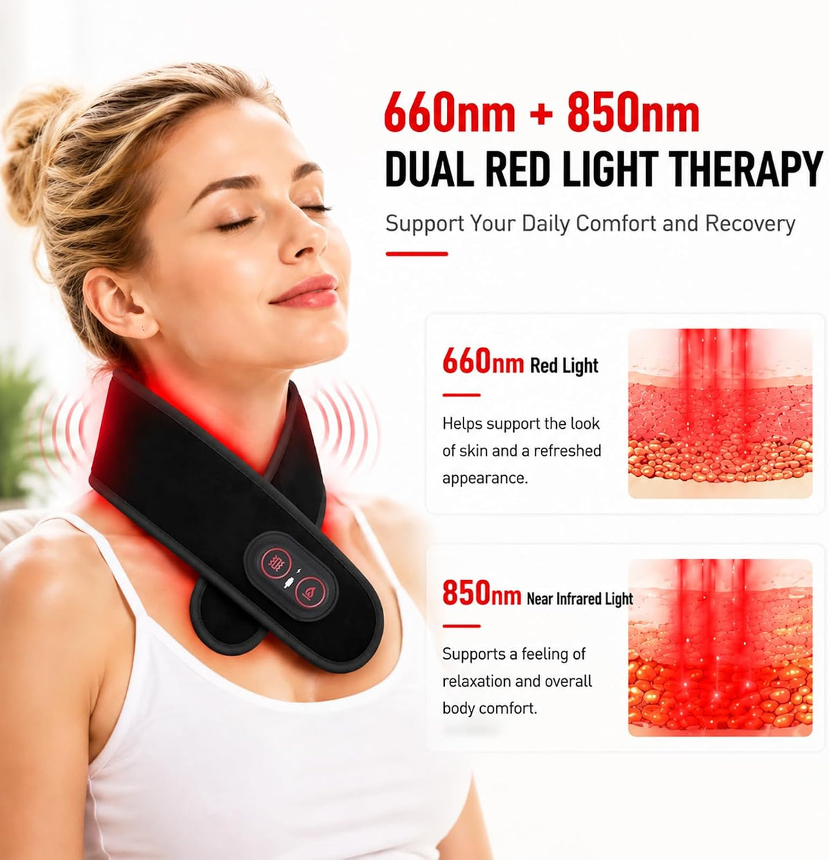 Neck Heating Pad for Pain Relief, Cordless Vibrating Neck Massager with 660nm 850nm Red Light, 3000mAh Battery 3 Heat Levels, Heated Neck Brace Wrap up to 33 Inches for Soreness Stiffness