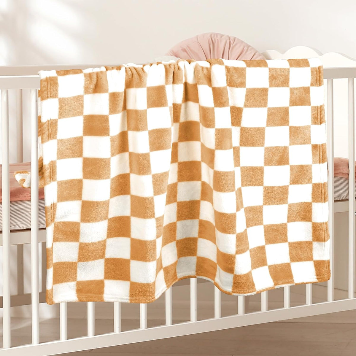 GreatBba Plush Checkered Baby Blanket,30 x 40 Inch Fleece,Orange White