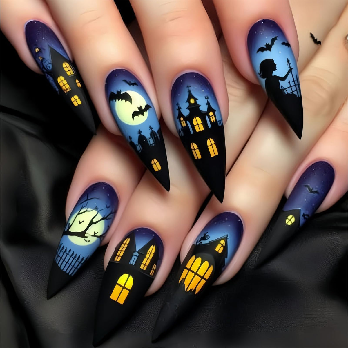 48Pcs Halloween Press on Nails Ghost Stick on Fingernails Monster Short Square False Nails Glossy Black Spider Web Acrylic Fake Nail Skull Gel Glue on Nail for Coquette Women Girls