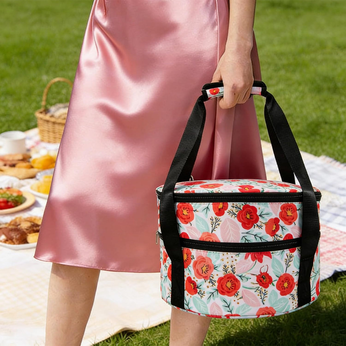 Round Insulated Double Casserole Carrier for Hot or Cold Food with Handle,Pie Carrier Bag,Insulated Lunch Bag for Travel Picnic Cookouts,Fits Pioneer Woman Kitchen Stuff and 12.5" Pie Pan