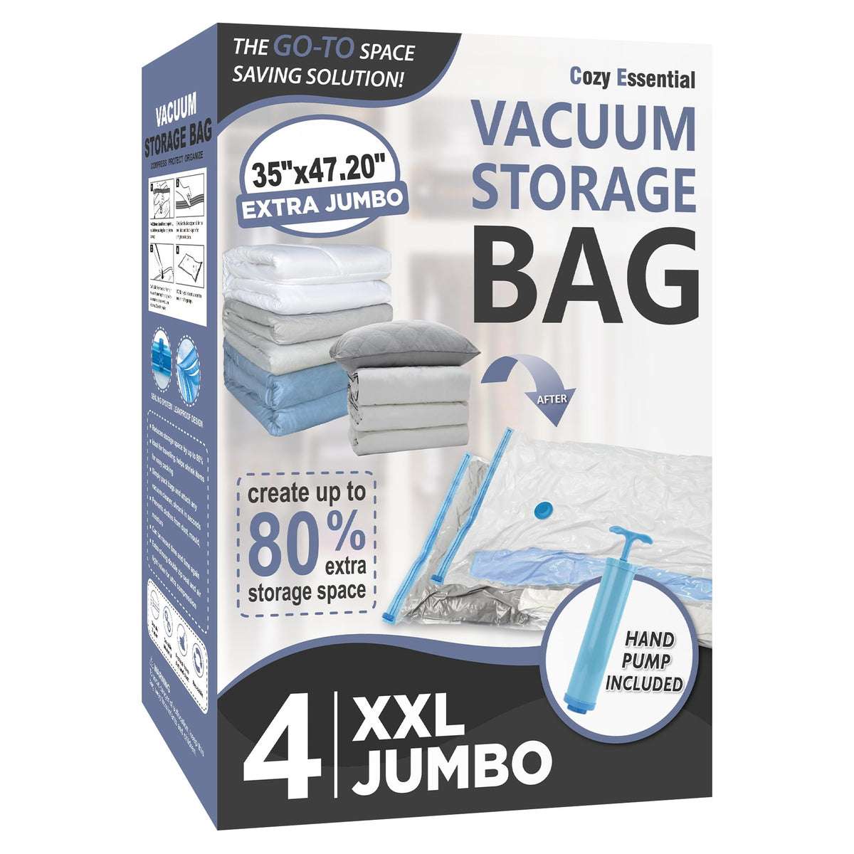 Cozy Essential Vacuum Storage Bags, 80% Compression Vacuum Seal Space Saver Plastic Packaging Bags for Clothes, Blankets, Pillow, Bedding, Comforters, Sealer Clothing Storage,20 Combo