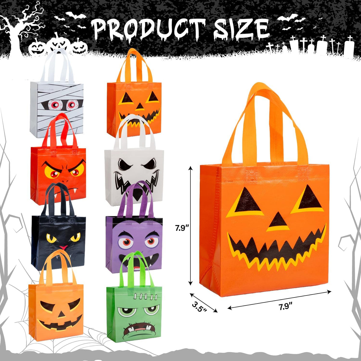 Jaywayang 8Pcs Halloween Trick or Treat Tote Bags with Handles ， Reusable Non-Woven Ghost Face Gift Bags for Adults Kids Gifts Wrapping, Party Supplies.