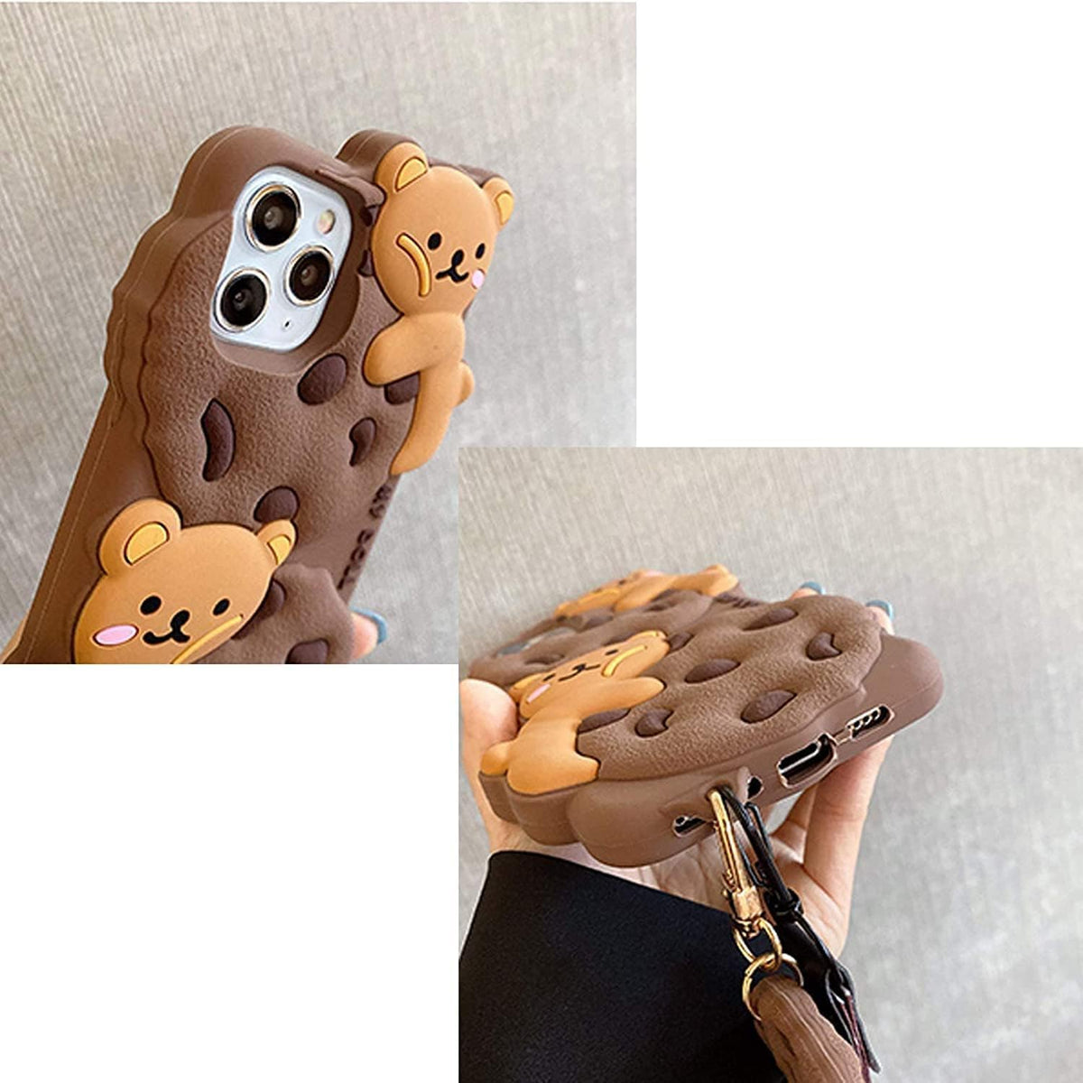 Case for iPhone 11 with Strap Lanyard Keychain Cute Bear Cookie Kawaii Funny Soft Silicone Shockproof Protective Cover for Women Girls