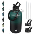 BJPKPK Half Gallon Insulated Water Bottles with Straw Lid & Side Handle, 64oz Large, Stainless Steel Water Bottles with 3 Lids and Paracord Strap, Metal Water Jug,Black