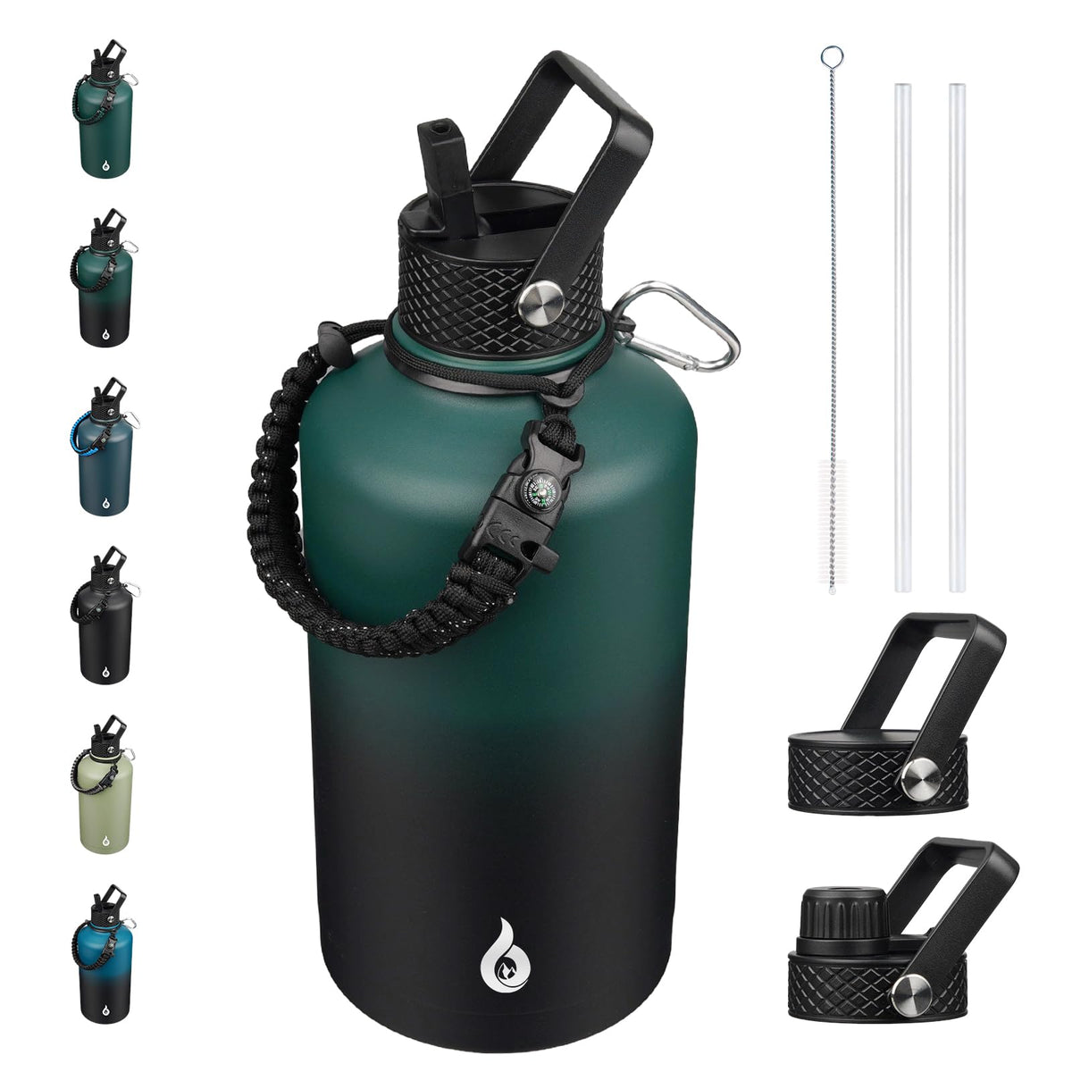 BJPKPK Half Gallon Insulated Water Bottles with Straw Lid & Side Handle, 64oz Large, Stainless Steel Water Bottles with 3 Lids and Paracord Strap, Metal Water Jug,Black