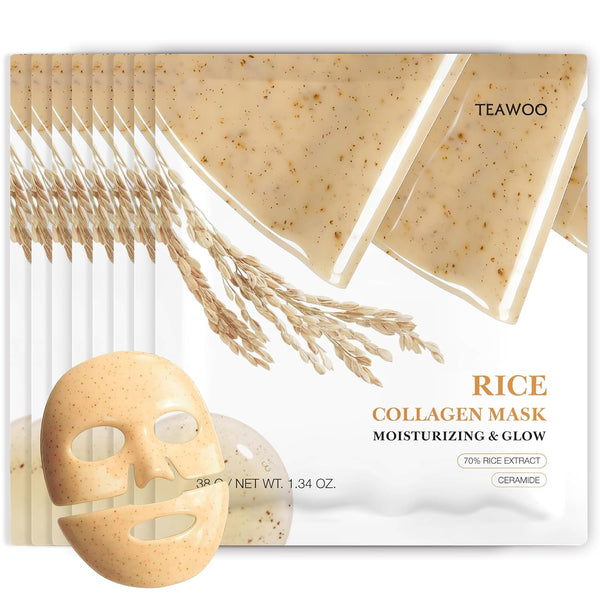 TEAWOO Rice Deep Collagen Face Mask, 8 EA, Overnight Facial Mask | Moisturizing and Hydrating Facial Mask, Contains Ceramide & Collagen for Glass Glow Skin, Korean Skincare, 38g x 8 EA
