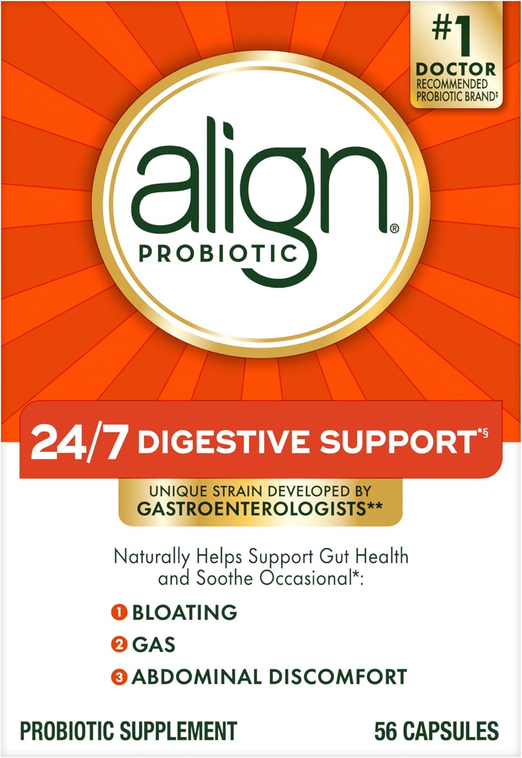 Align Probiotic, 24/7 Digestive Support*§, Probiotics for Women and Men, Probiotics for Digestive Health, Men and Womens Probiotic Capsules Help Relieve Occasional Bloating & Gas*, 56 Capsules