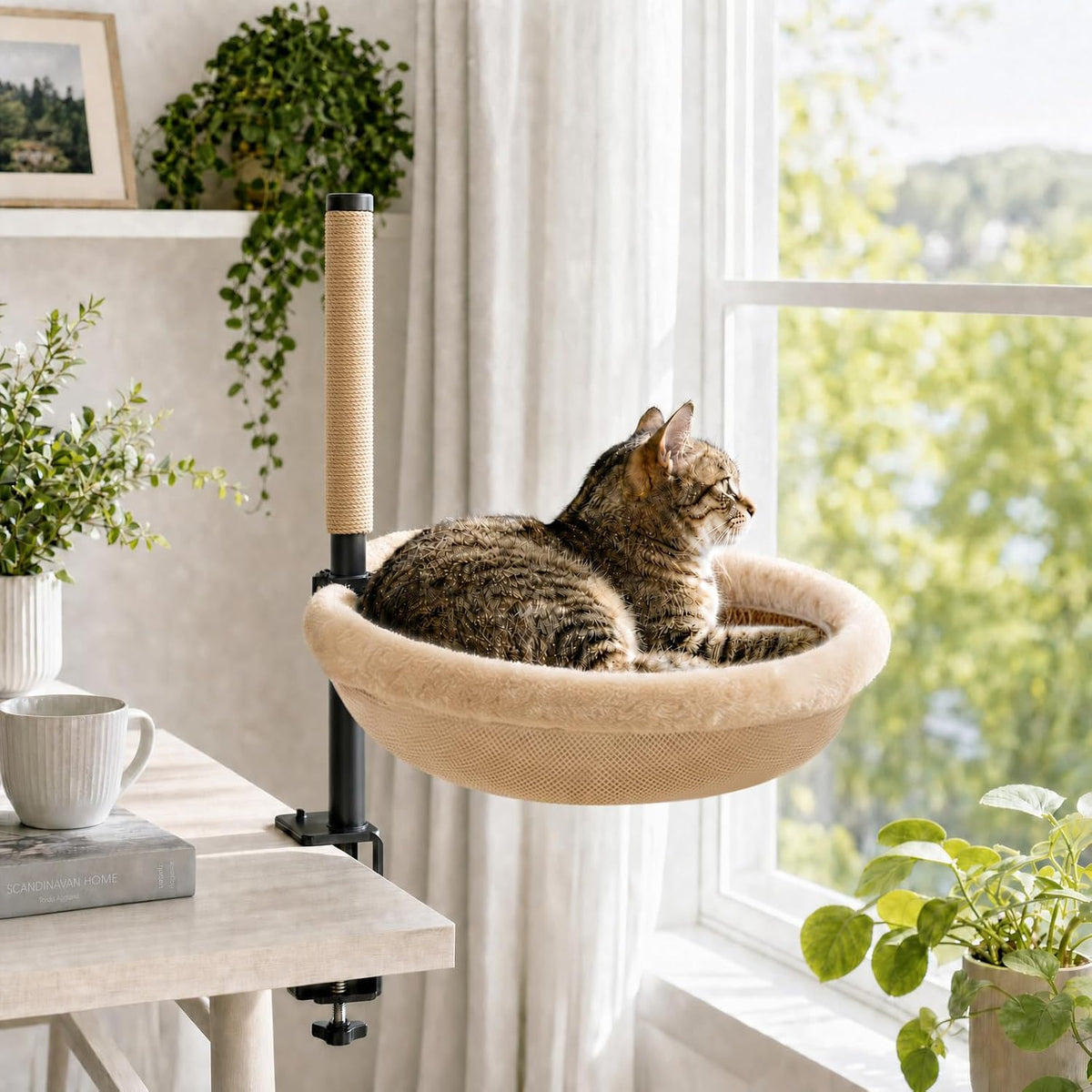 Cat Desk Bed with Scratching Post Clamp On 360 Rotating Camel