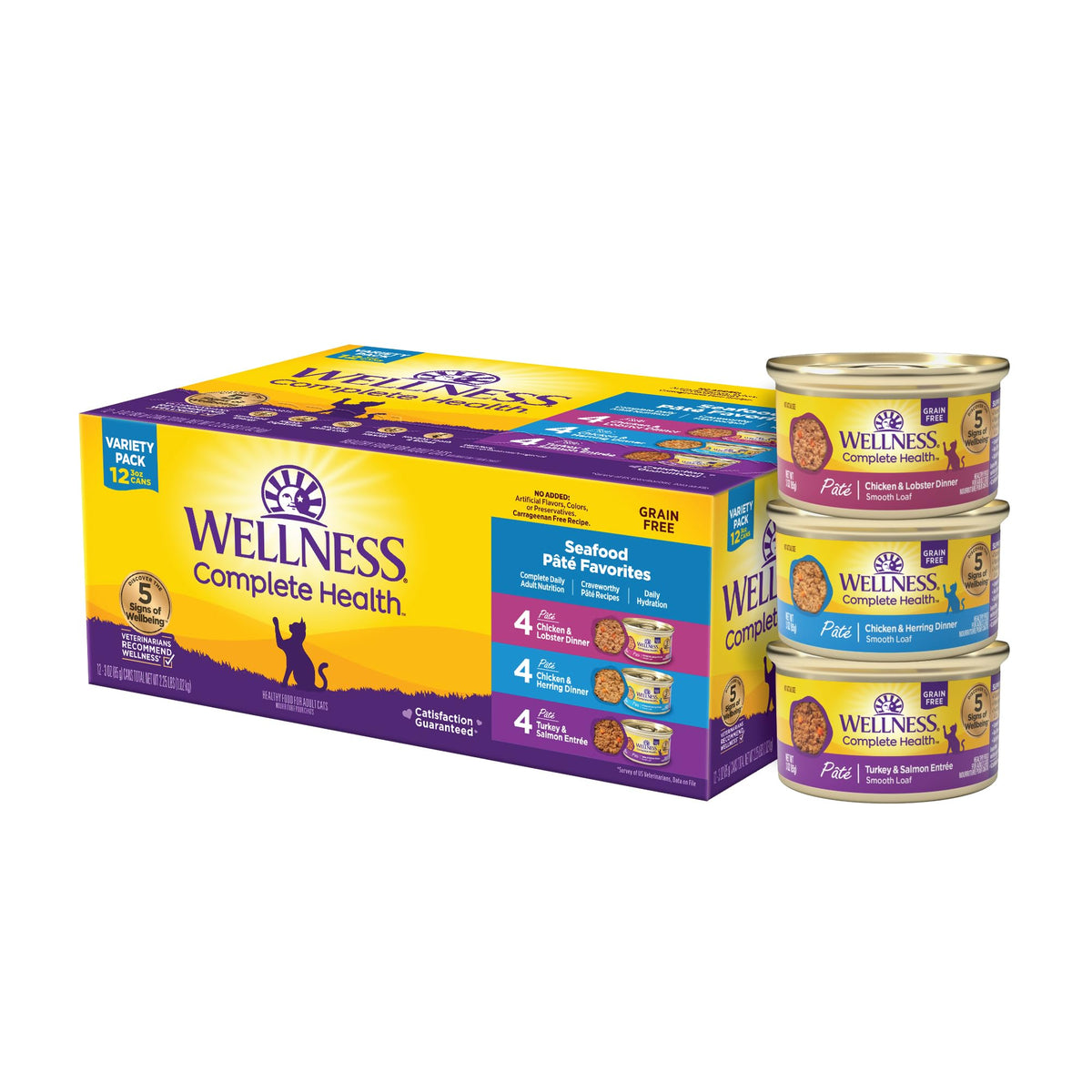 Wellness Complete Health Pate Variety Pack Adult Canned Wet Cat Food, Natural, Protein Rich, Grain Free, Seafood Favorites, 3 oz, Pack of 24 Cans