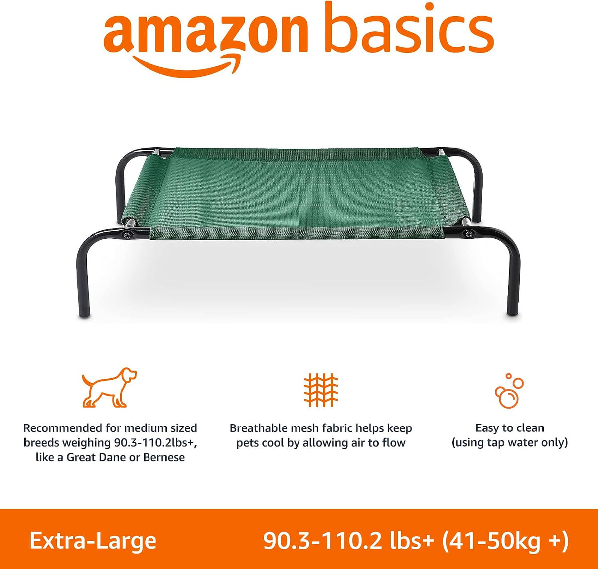 Amazon Basics Cooling Breathable Elevated Dog Bed with Durable Metal Frame for Large Dogs, X-Large, 60 x 37 x 9 Inch, Green, Easy to Clean