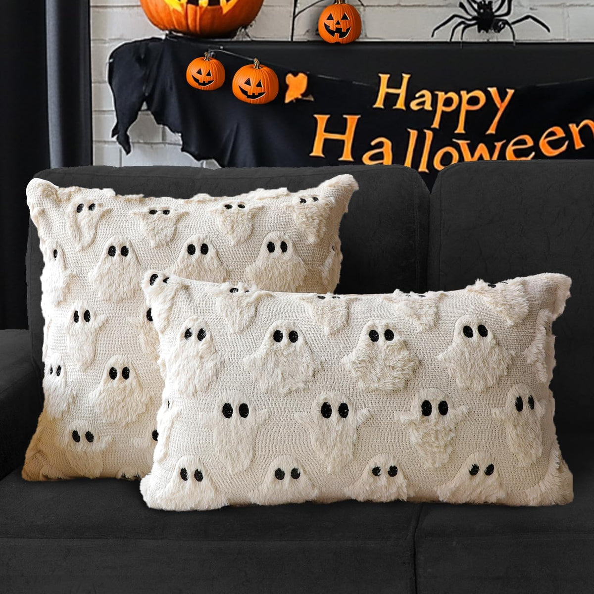 Halloween Ghost Decorative Pillow Covers 18x18 Set of 2, Beige Soft Plush Faux Fur Farmhouse Throw Cushion Cases for Fall Holiday Home Decorations