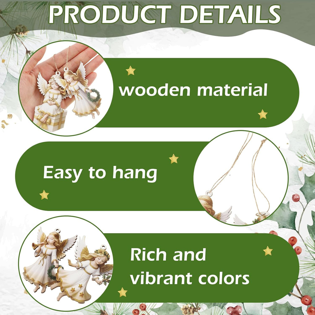 Yookeer 24 Pcs Angel Ornaments for Christmas Tree Wood Hanging Decorations