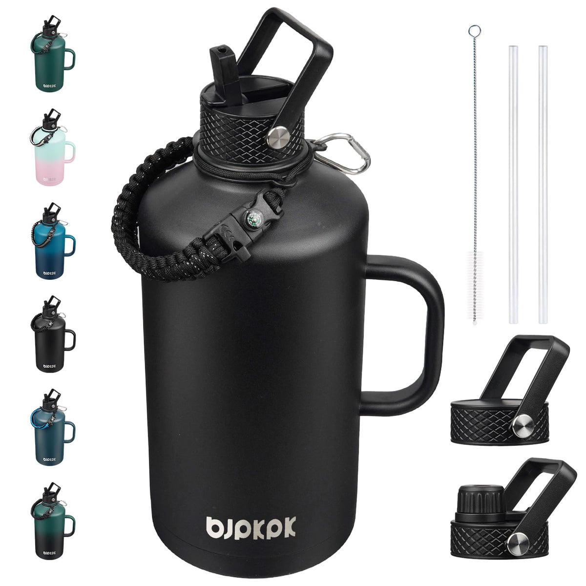 BJPKPK Half Gallon Insulated Water Bottles with Straw Lid & Side Handle, 64oz Large, Stainless Steel Water Bottles with 3 Lids and Paracord Strap, Metal Water Jug,Black