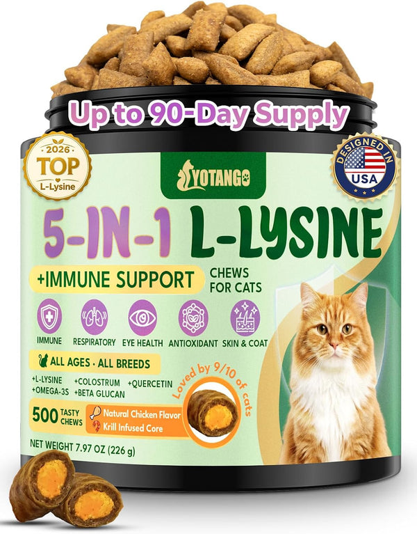 Lysine for Cats, L-Lysine for Cats Chews & Lysine Treats, 500 Chews, Immune Support with L-Lysine Supplement, Colostrum, Quercetin & Omega-3, Respiratory, Sneezing, Runny Nose, Eye, Chicken Flavor