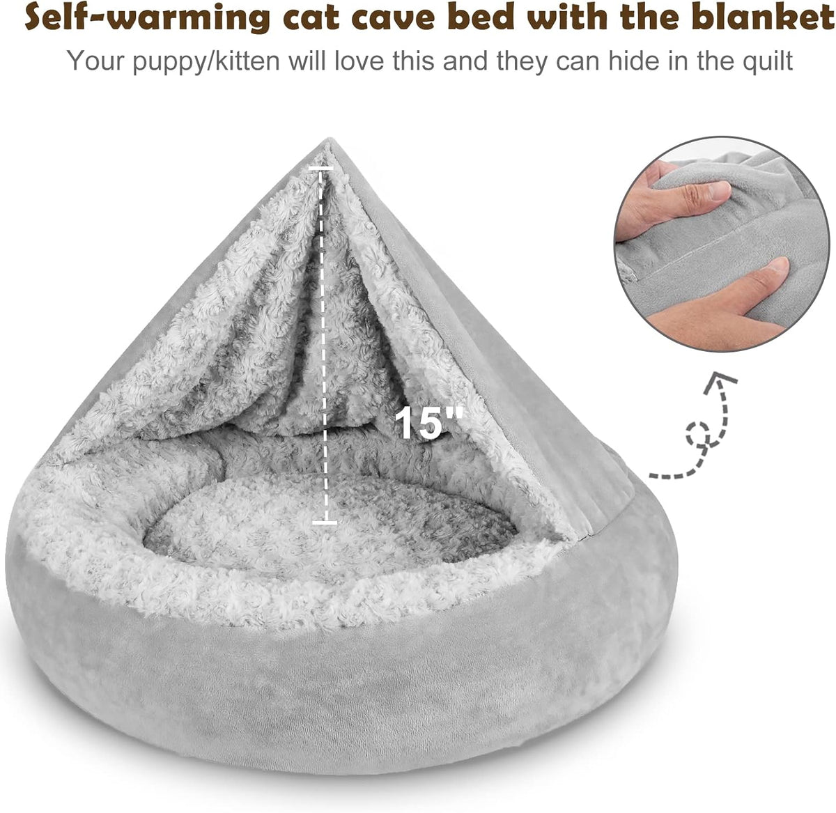 JOEJOY Small Dog Bed Cat Bed with Hooded Blanket, Cozy Cuddler Luxury Puppy Pet Bed, Donut Round Calming Anti-Anxiety Dog Burrow Cave Bed - Anti-Slip Bottom and Machine Washable 23 inch