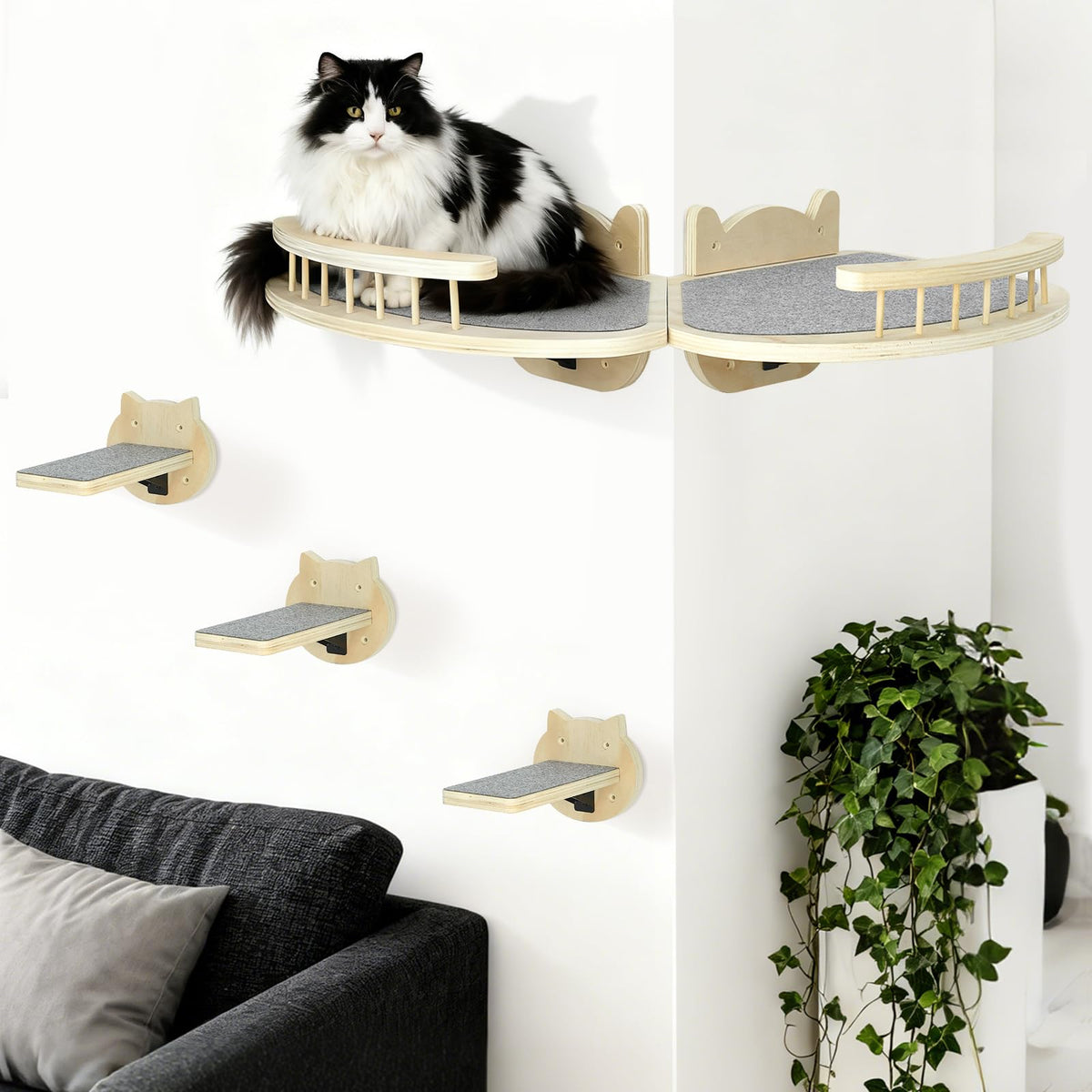 Cat Wall Shelves Furniture Set with Scratching Pad，Wooden Cat Climbing Wall Systems with 2 Perches and 3 Steps, Floating Shelves Bed Wall Mounted for Indoor Fit Up to 15Lbs (Black)