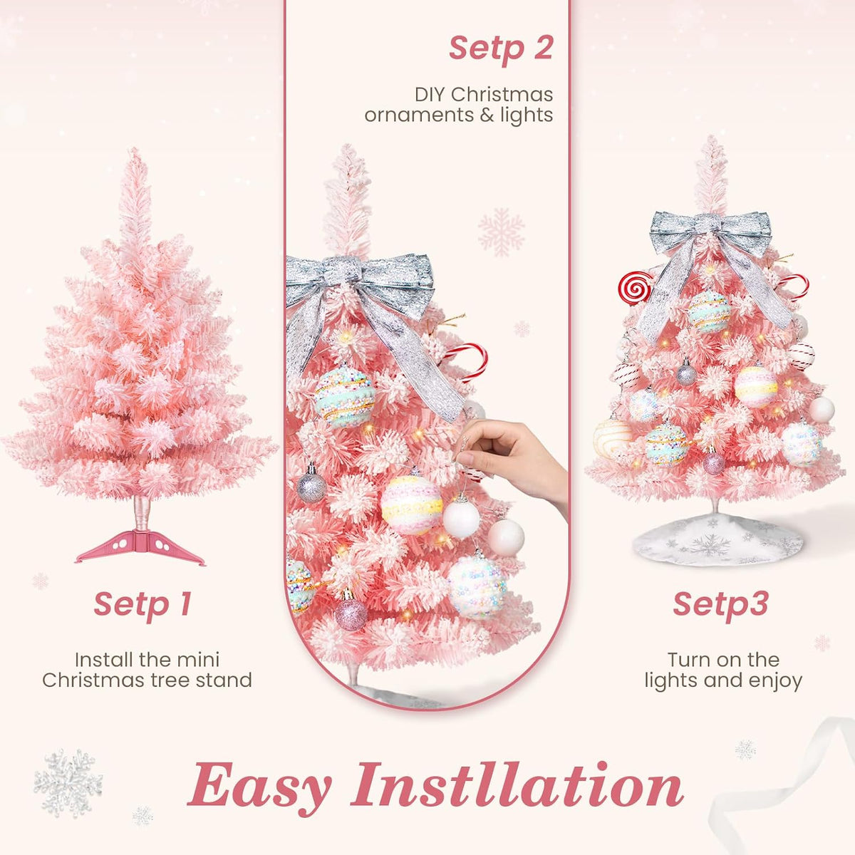 Mini Pink Christmas Tree with Lights, 2 Ft Small Table Top Christmas Tree