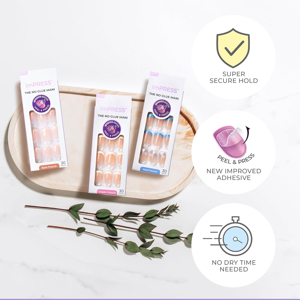 Kiss Impress No Glue Mani Press On Nails, Heroic, Bare French Manicure Kit, 30 Light Neutral + White, Squoval Short Nails with IMPROVED Adhesive, Includes Prep Pad, Manicure Stick & Mini File
