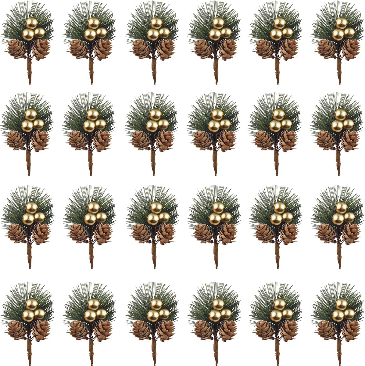 25PCS Artificial Pine Picks, Pine Needles Branches with Gold Berry Stems, Small Fake Berries Pinecones Branches for Crafts Christmas Tree DIY Garland Holiday Wreath(Gold)