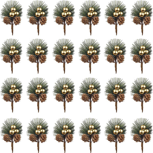 25PCS Artificial Pine Picks, Pine Needles Branches with Gold Berry Stems, Small Fake Berries Pinecones Branches for Crafts Christmas Tree DIY Garland Holiday Wreath(Gold)