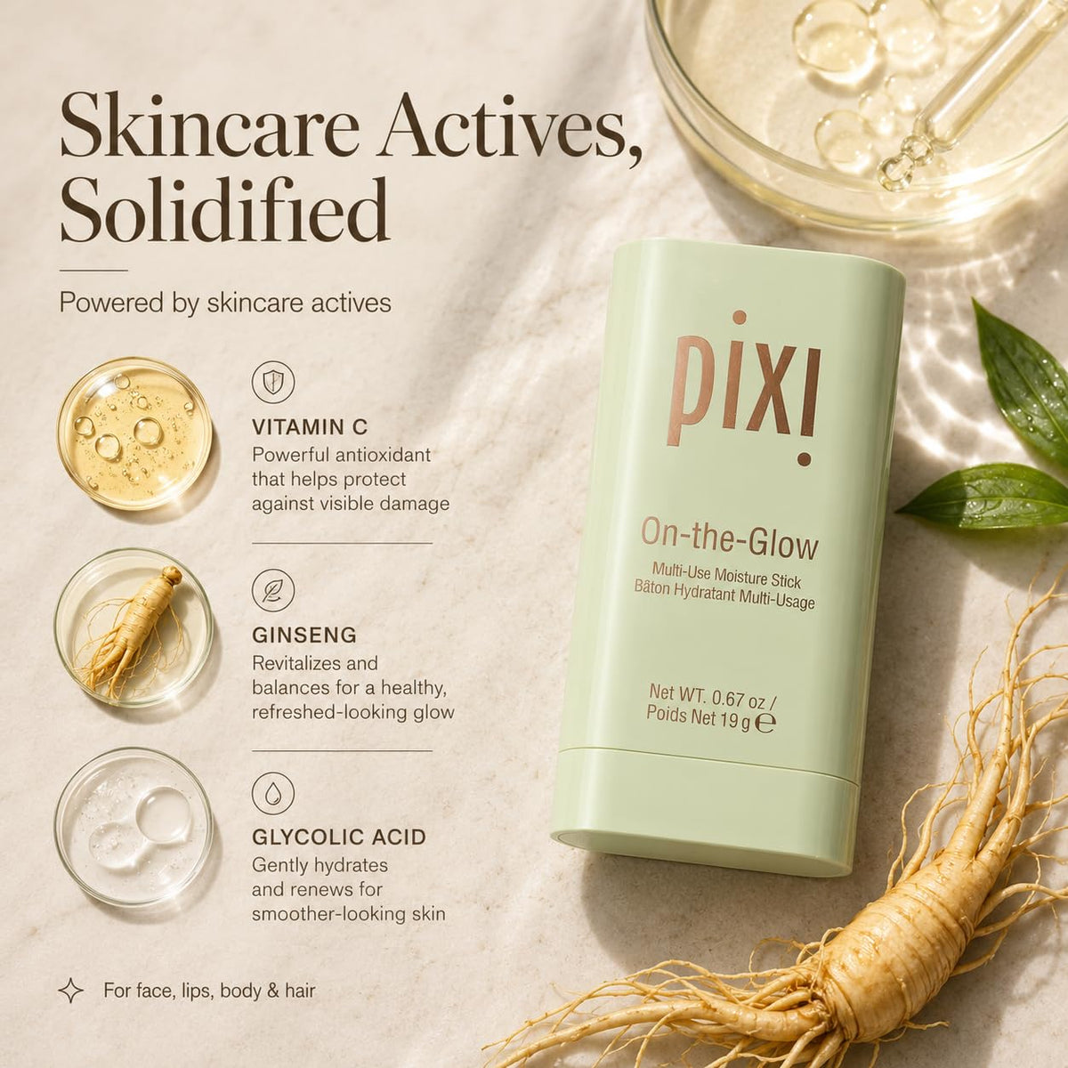 Pixi Beauty On-the-Glow | Colorless Solid Moisturizer Stick | Multi-Use Moisturizer | Travel-Friendly Hydration Anywhere You Go | 0.67 Oz