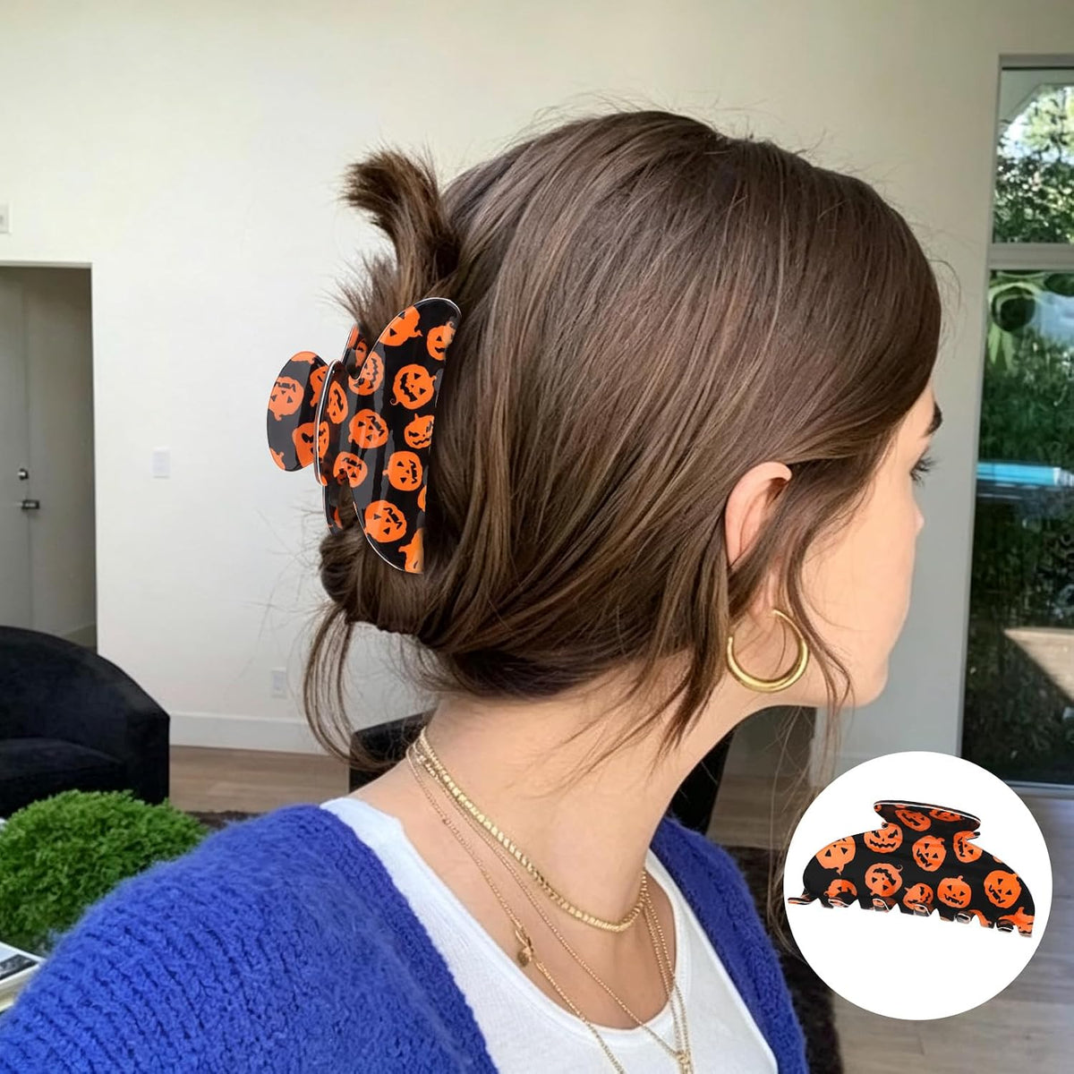 CAVETEE 4 Pack Halloween Hair Claw Clips for Women, Bat Ghost Cat Pumpkin Printed Acrylic Hair Clips for Holiday Party