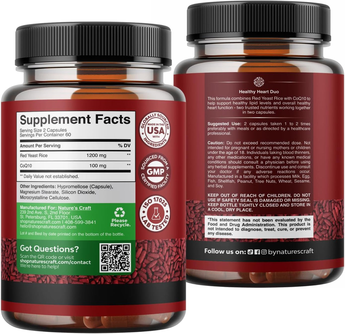 Red Yeast Rice with CoQ10 Supplement - Healthy Heart Support - 120 Ct | Red Yeast Rice 1200 mg - Advanced Complex for Energy & Antioxidant Support - GMP - Third Party Tested – 60 Servings