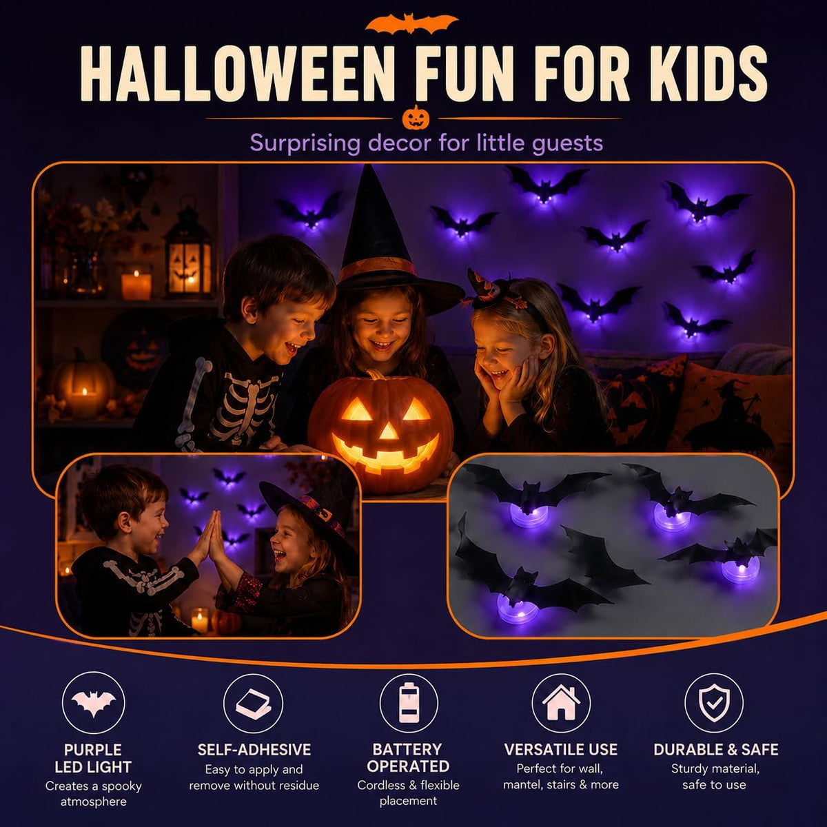 Spooky Glow 3D LED Bat Wall Decor, Hanging Bat for Halloween Decoration, 12