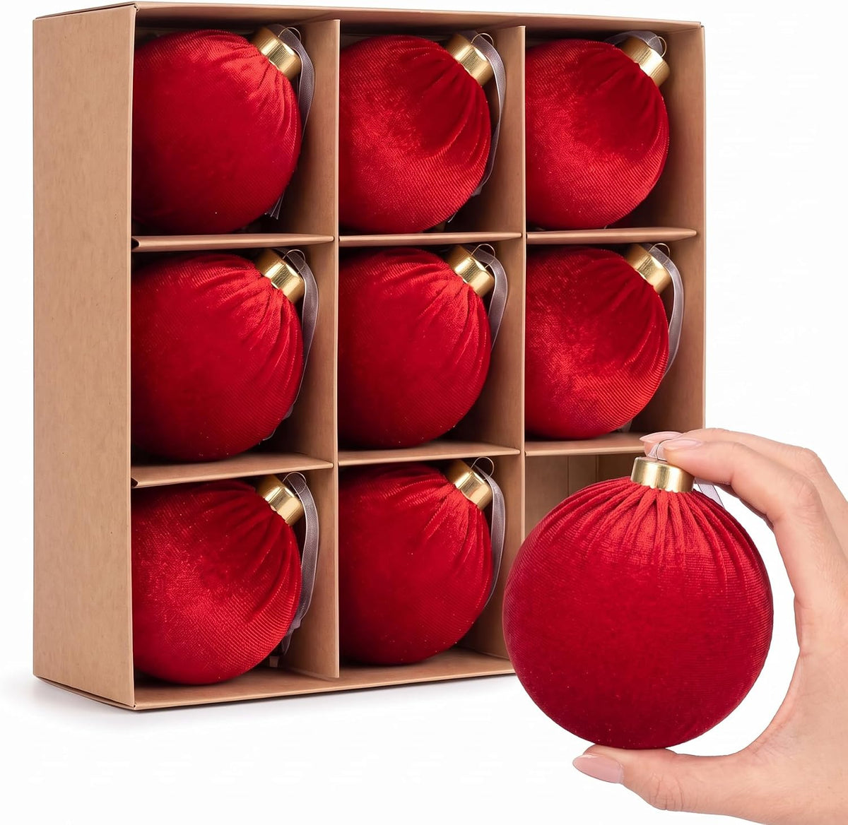 9pcs Large Velvet Christmas Balls Ornaments (Red,3.15'')