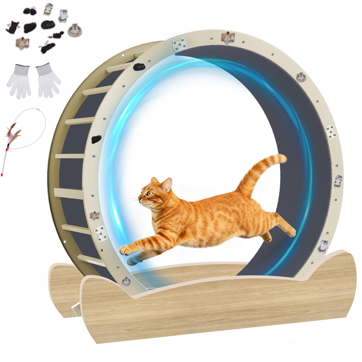 GTPLAYER Cat Wheels, 40" Diameter, Large Cat Exercise Wheel for Indoor Cats cat Treadmill Metal with Detachable Carpet & Teaser/Stickers, Ultra-Quiet Scroll Wheel with Latch, Safe and Stable Grey