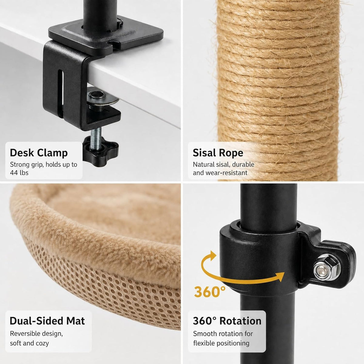 Cat Desk Bed with Scratching Post Clamp On 360 Rotating Camel
