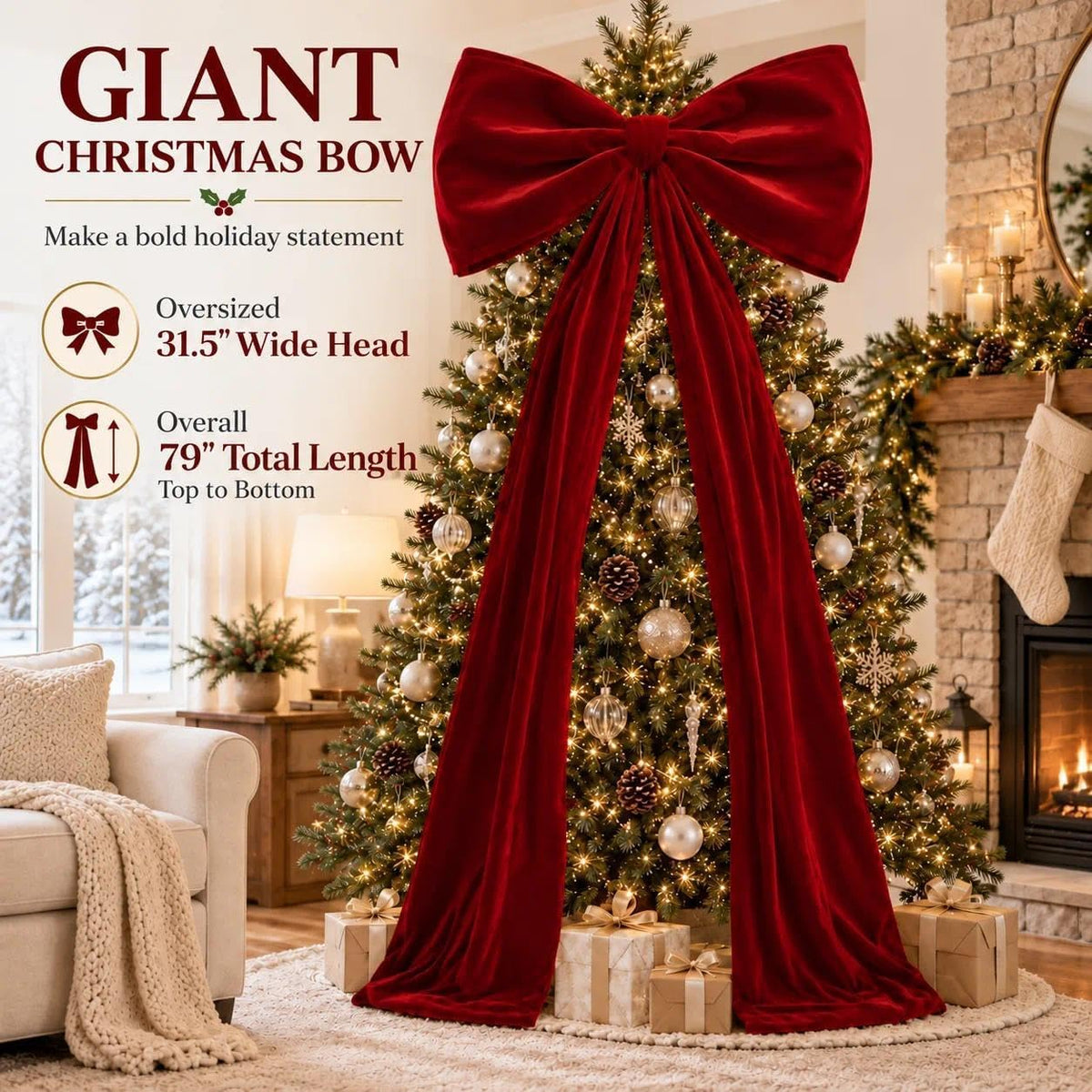 Giant Burgundy Red Velvet Christmas Tree Topper Bow 31.5"x79"