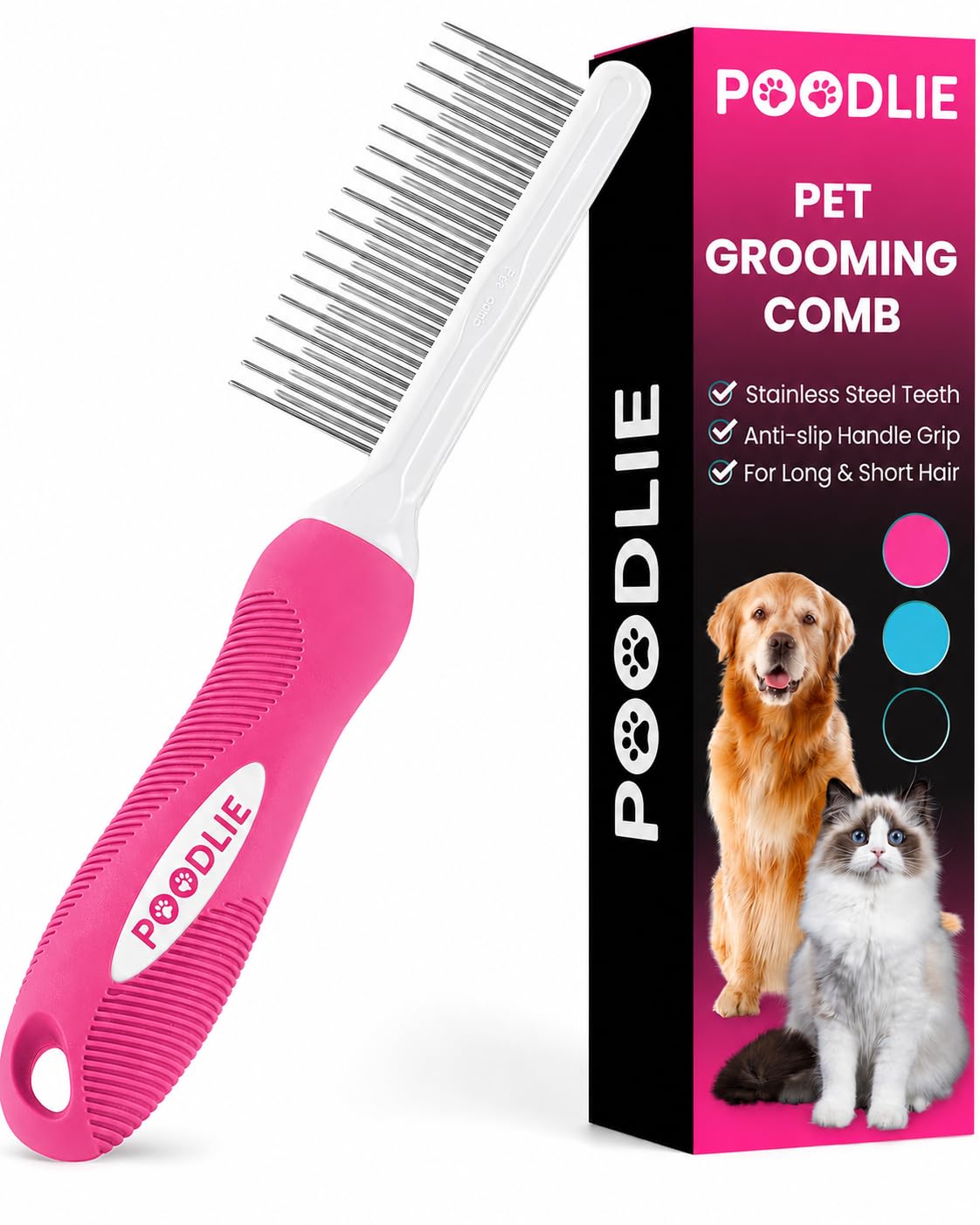 Poodle Pet Detangling Pet Comb with Long & Short Stainless Steel Teeth for Removing Matted Fur, Knots & Tangles – Detangler Tool Accessories for Safe & Gentle DIY Dog & Cat Grooming