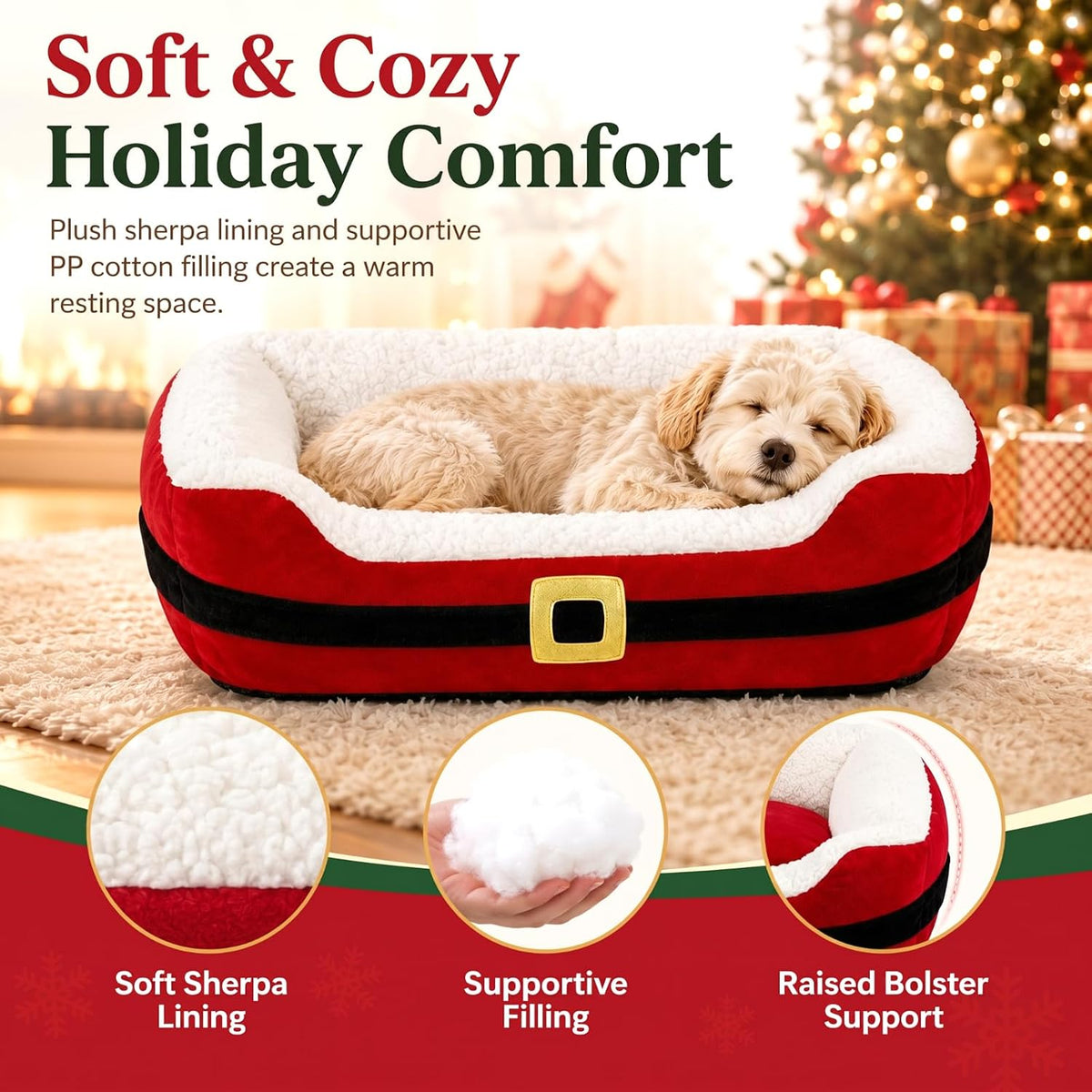 Jetec 26" Christmas Dog Bed, Santa Belt Small Pet Bed for Dogs Cats