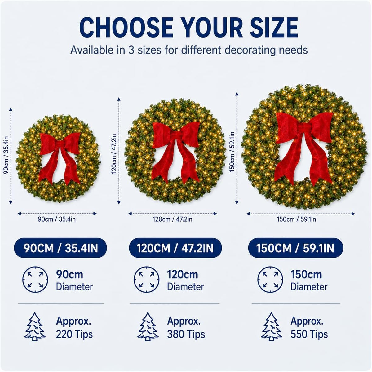 36in Large Pre-Lit Christmas Wreath with Bow, Artificial Greenery