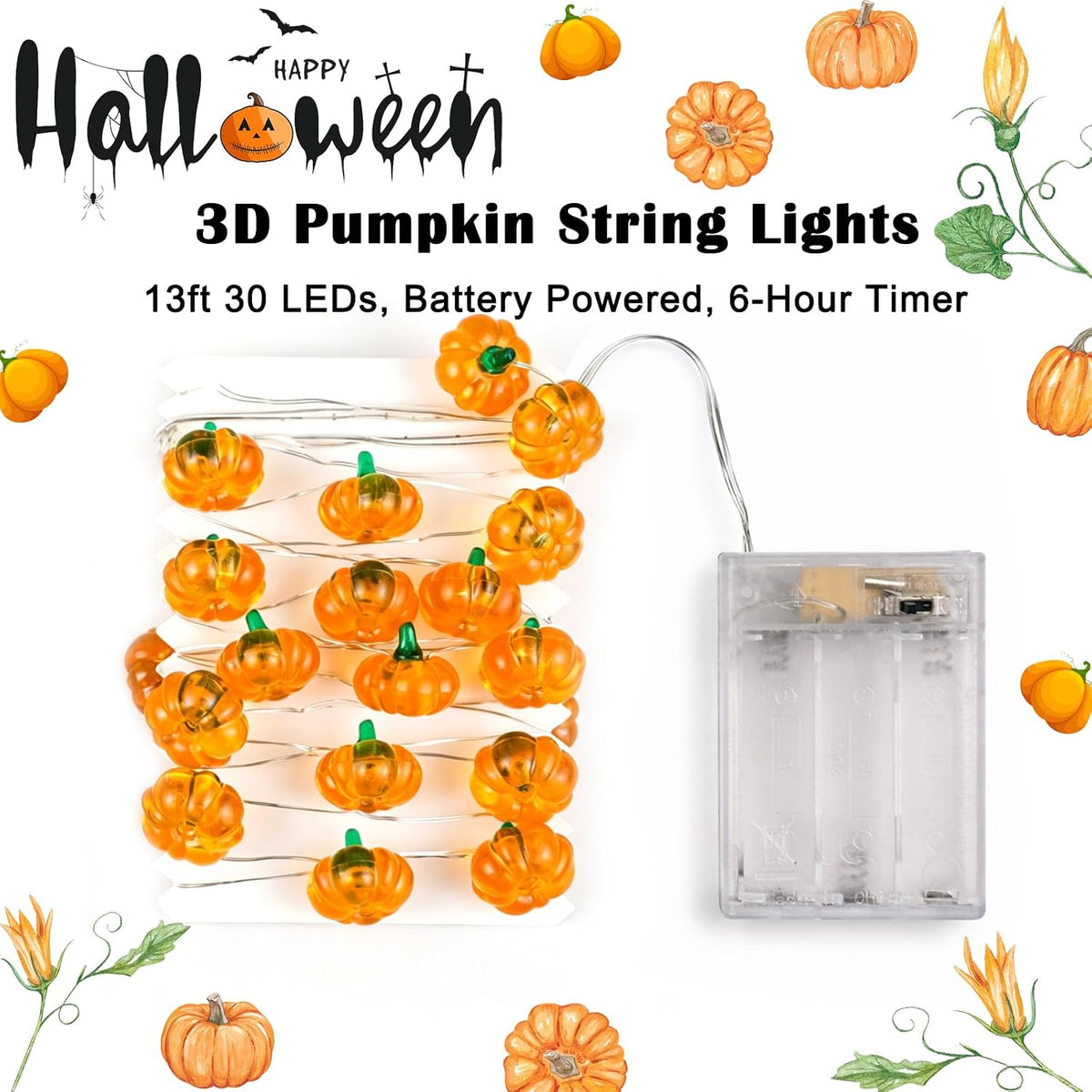 Pumpkin Lights String Battery Operated 10ft 30 LEDs Halloween Decorations