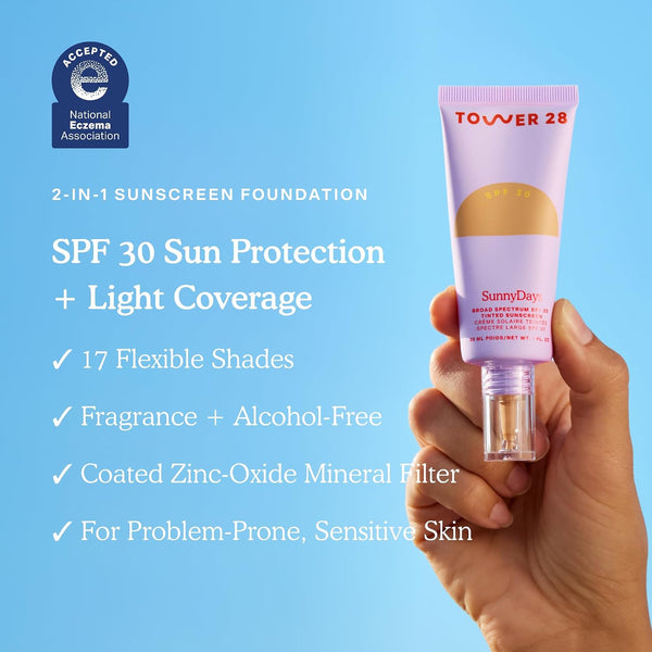 Tower 28 SunnyDays SPF 30 Tinted Moisturizer - 2-in-1 Buildable Coverage Foundation + Mineral Sunscreen for Face - Zinc Oxide, Aloe & Prickly Pear for Sensitive Skin - 15 Light/Warm (1 oz)