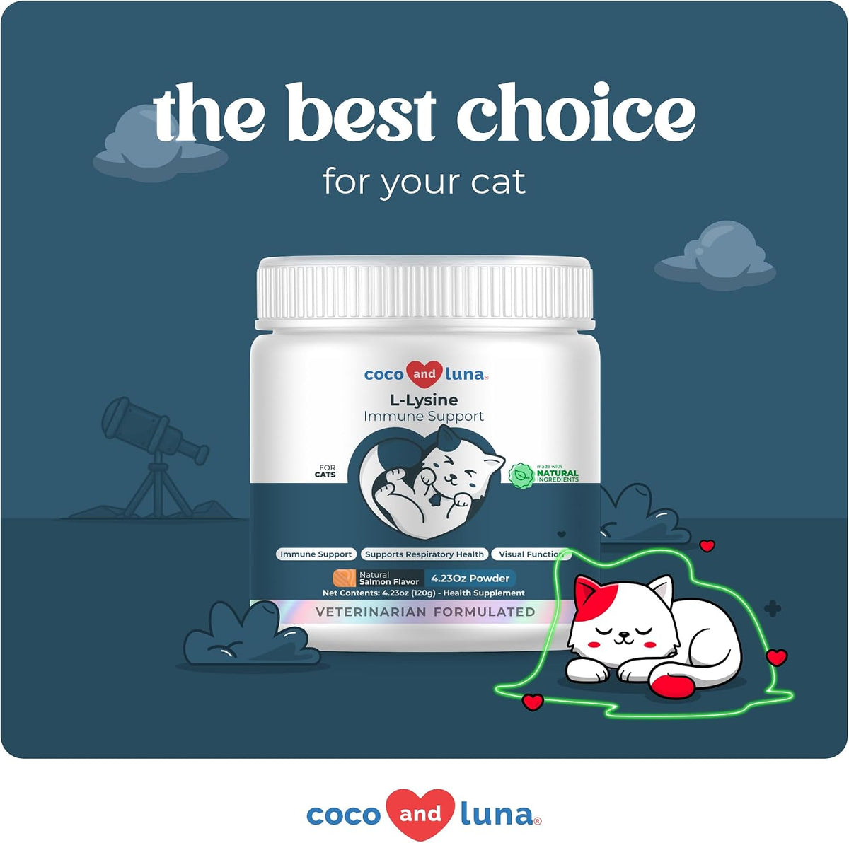 L-Lysine for Cats 900mg - Immune, Eye & Respiratory Support Powder | 900mg/scoop L-Lysine supports immune, eye & respiratory health. For cats with sneezing, runny nose, cold & herpes symptoms.