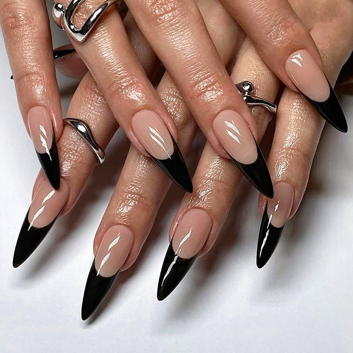 Stilettos Press on Nails White French Tip False Nails Glossy Extra Long Natural Glue on Nail Reusable Artificial Acrylic Stick on Nail for Women