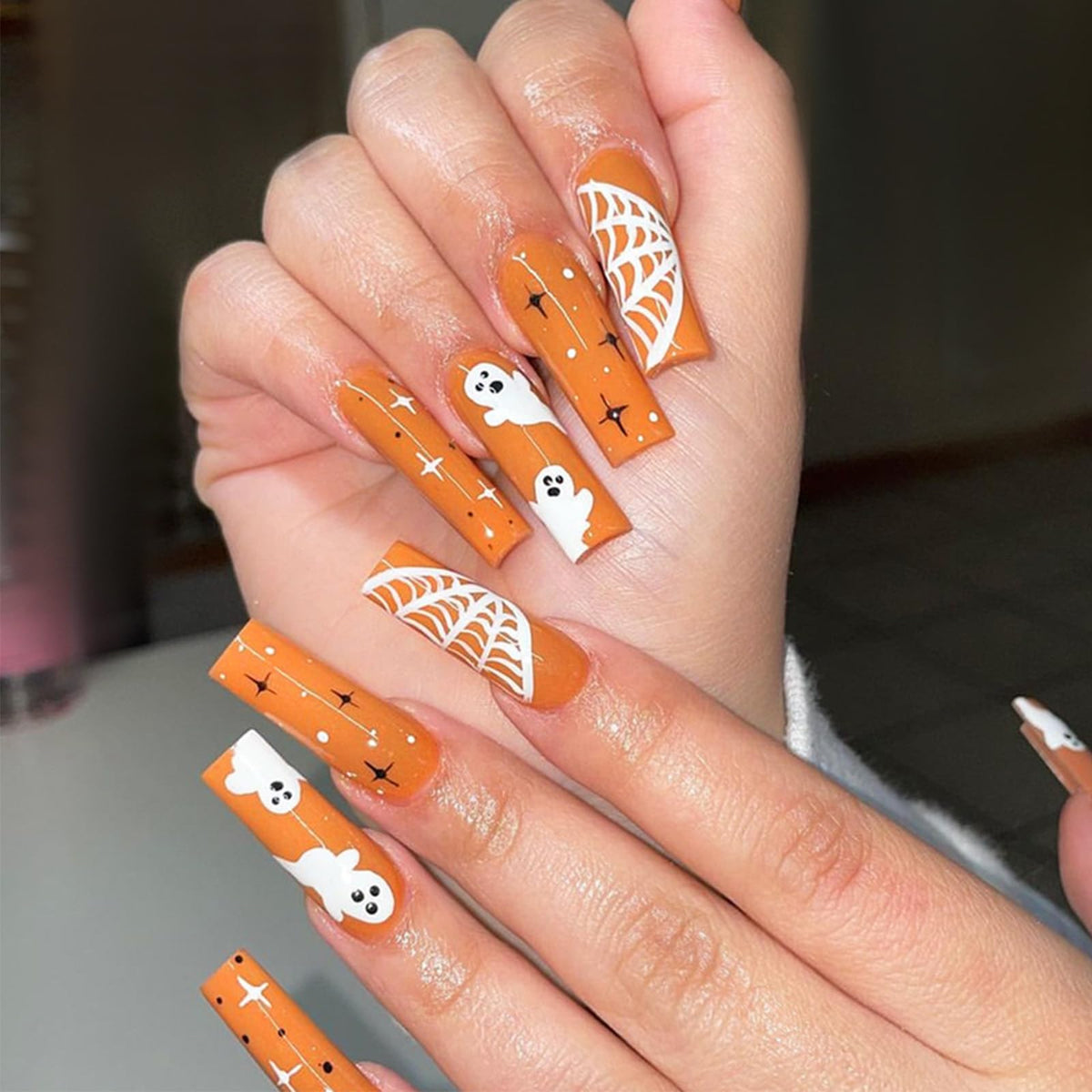 48Pcs Halloween Press on Nails Ghost Stick on Fingernails Monster Short Square False Nails Glossy Black Spider Web Acrylic Fake Nail Skull Gel Glue on Nail for Coquette Women Girls