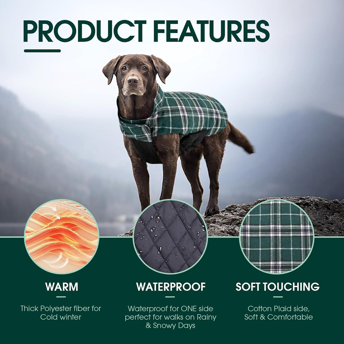Kuoser Waterproof Dog Coat, Warm Reversible Dog Jacket with Leash Hole