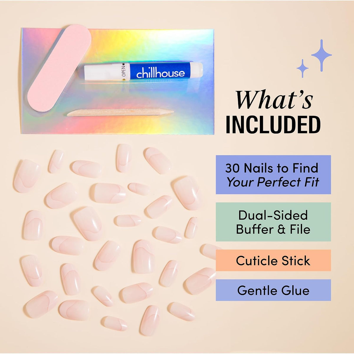 Chillhouse - Chill Tips, French Tip Press On Nails Kit - Going to the Barre (Oval) - 30 Nail Shapes & Sizes - 2 Weeks of Wear - Customizable Fit - French Manicure Kit - Women Owned, Beauty & Self Care
