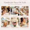 Luxury Handmade Press on Nails - Long Square White French Tips Press on Nail with Almond 3D Rhinestones, Flowers & Butterflies, Acrylic Multi-Layer Gel False Nails for Women (10Pcs Size M)