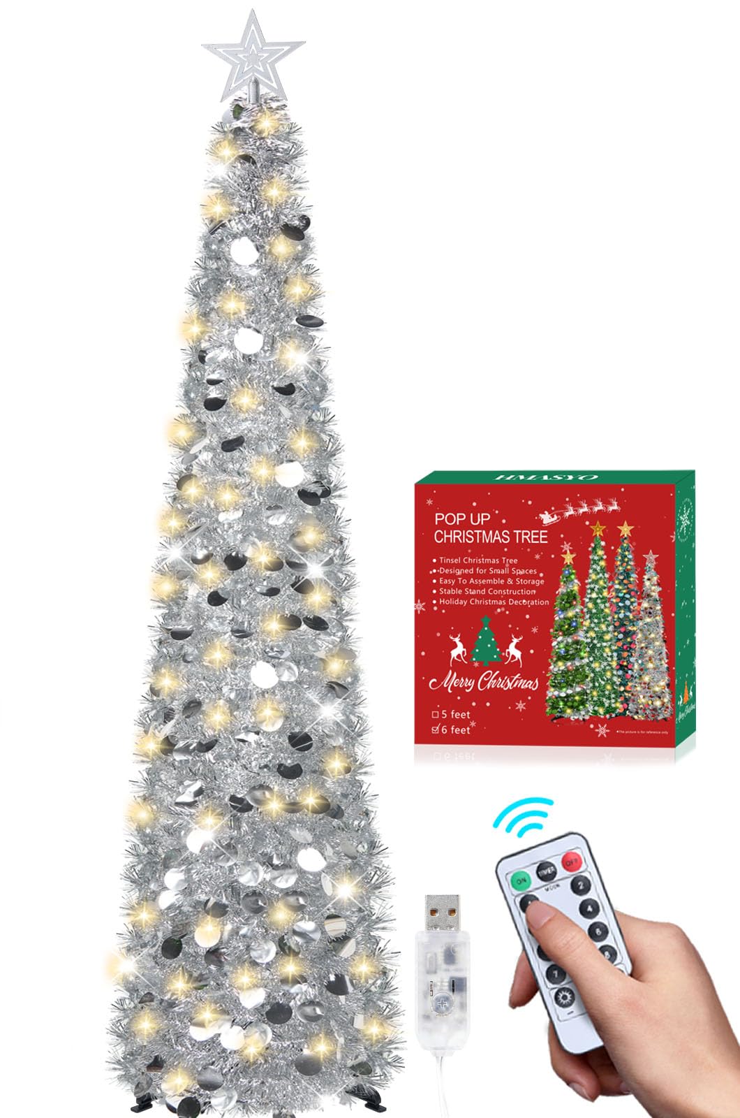 HMASYO 6 FT Pop Up Christmas Tree with 100 LED Timer Lights & Remote, Green Christmas Tinsel Tree, Collapsible Artificial Pencil Tree for Home Office Party Decor, USB Powered, Easy Assembly