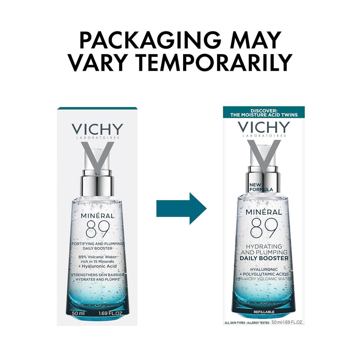 Vichy Mineral 89 Booster, Pure Hyaluronic Acid Serum for Face with Polyglutamic Acid for Skin Barrier Repair, Plumps & Hydrates, Lightweight Hydrating Serum, Oil-Free, Non-Sticky