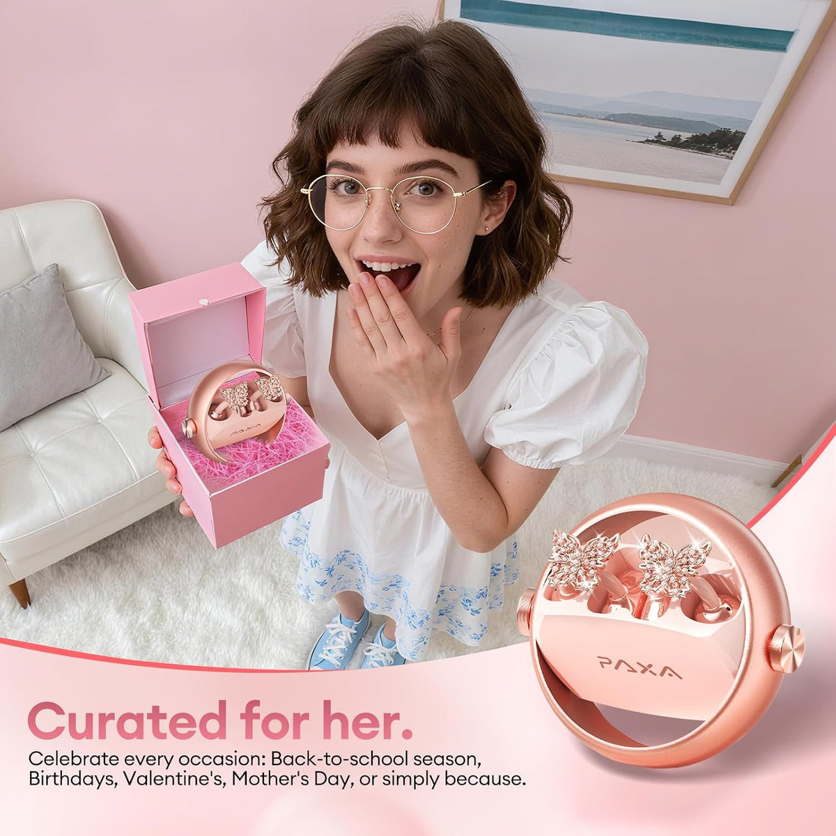 PAXA 3 in 1 Ctbuds Stylish Jewelry-Style Clip on Open Ear Headphones Wireless Earbuds, Instant Earring Mode, Ultra-Long 140H Play, Bluetooth 6.0, All-Day Wear for Work Fitness Daily Use, Rose Gold