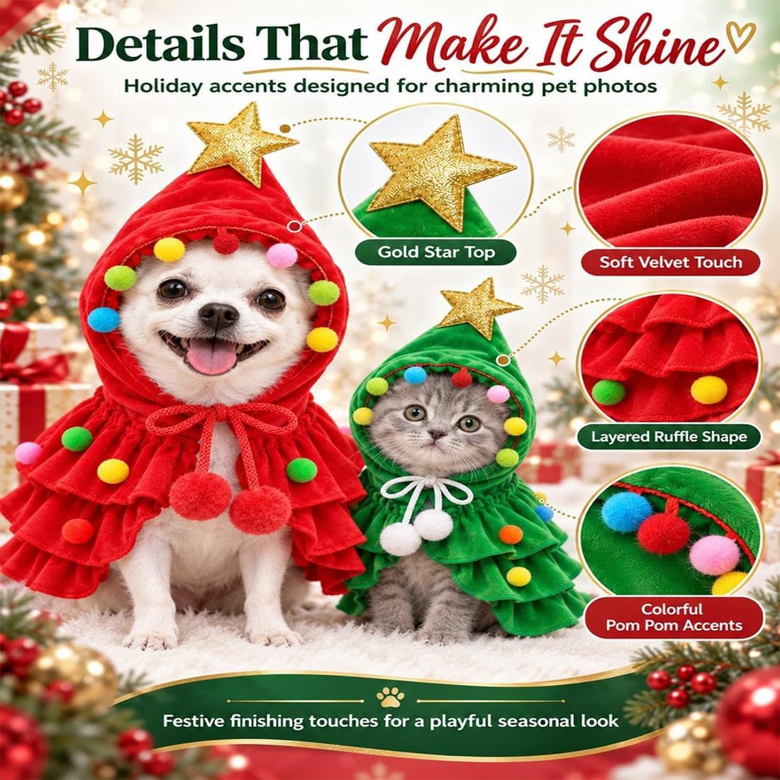 Dog Christmas Outfit Clothes, Holiday Tree Costume Cape for Small Pets，Green+Red